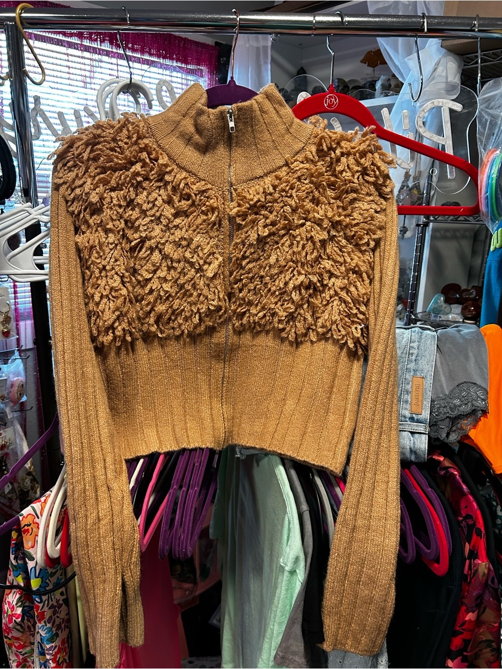 Better Be Camel Shaggy Zip-Up Sweater